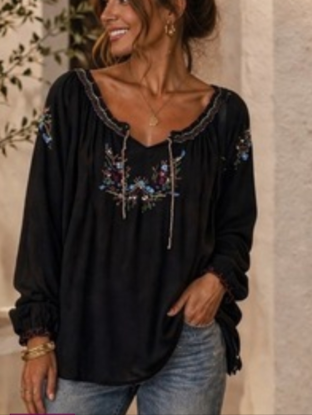 Revue Long Sleeve Peasant Floral Embroidery Tie Neckline Loose Fit Black Sz L